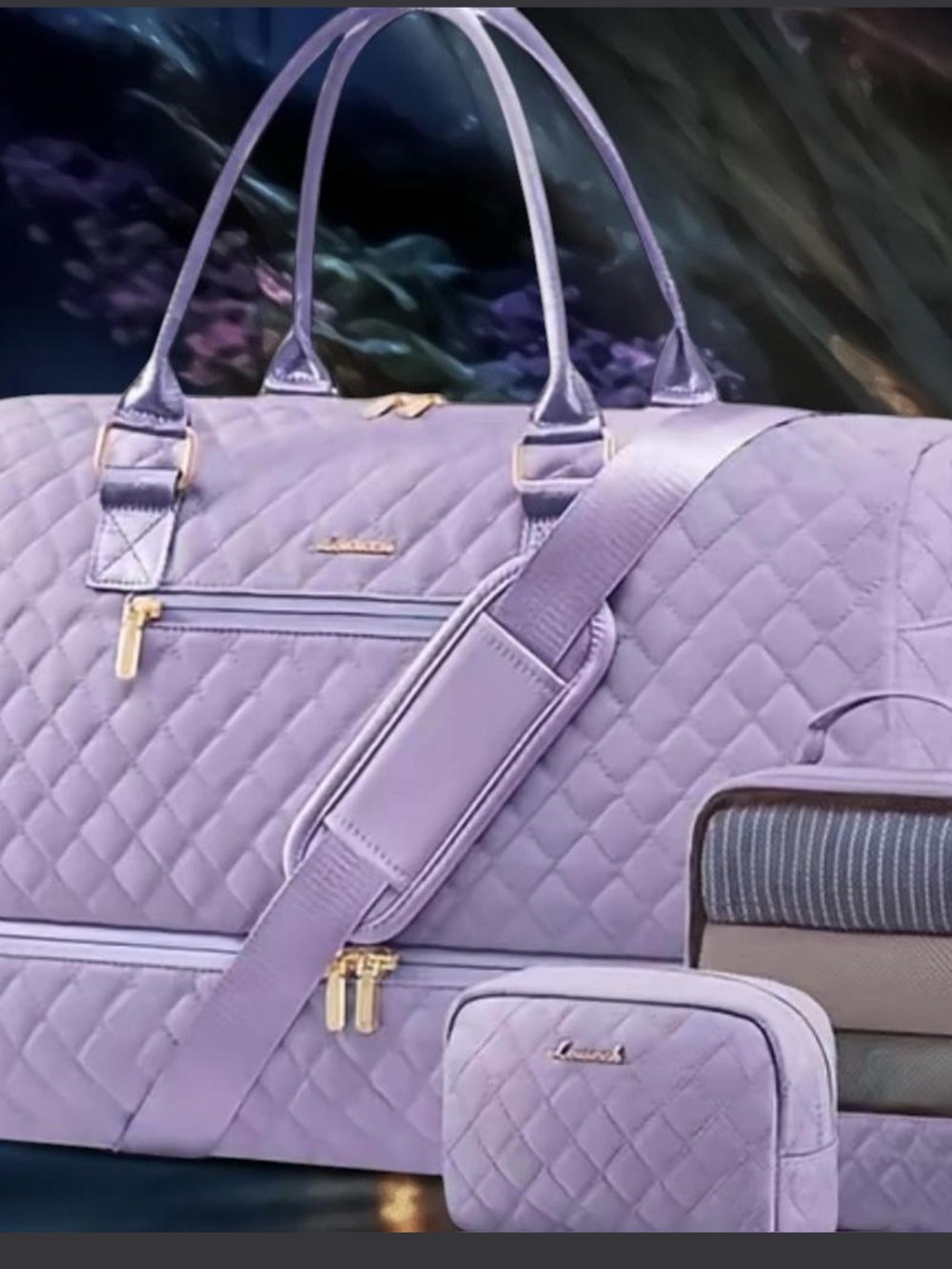 Lavender Quilted Travel Duffel Bag with Matching Pouches